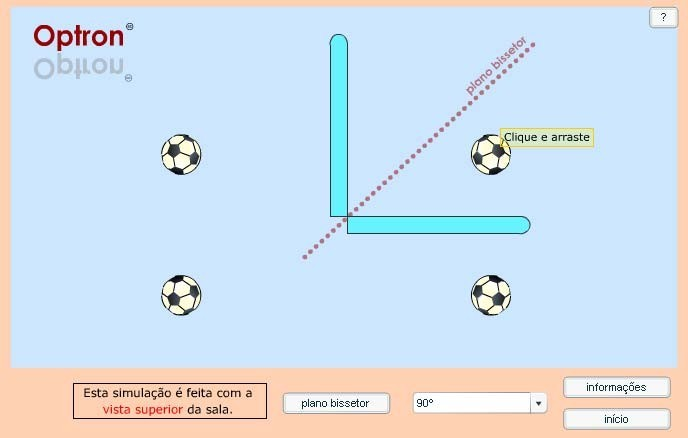 Para analisar a influência de um diedro plano para a formação de imagens o aluno pode visitar a sala de simulação II, conforme podemos ver nas