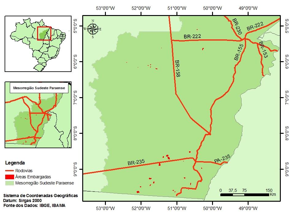 Figura 1. Localização das áreas embargadas na mesorregião do Sudeste paraense utilizadas no presente estudo.