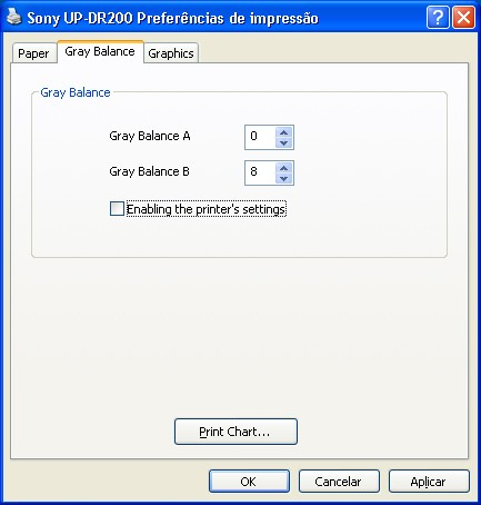 2.4- Clique na aba Gray Balance. Desmarque a opção Enabling the printer s settings e ajuste o valor de Gray Balance A para 0 e Gray Balance B para 8. Clique em Aplicar.