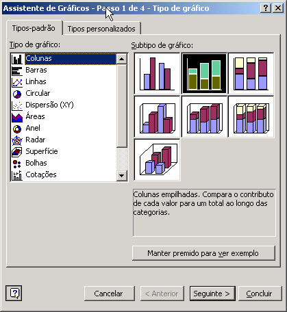 Gráficos II Formatação Tipo e subtipo de gráficos com possibilidade de pré-visualização Opções do gráfico