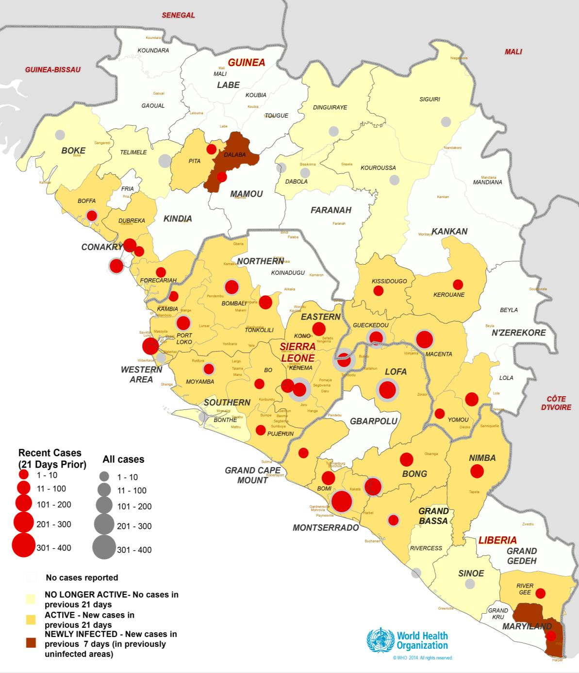 5 Figura 5: Distribuição geográfica de novos casos e total de casos na Guiné, Libéria e Serra Leoa Casos recentes (últimos 21 dias) Todos os casos Não há casos relatados NÃO ACTIVOS Sem casos nos