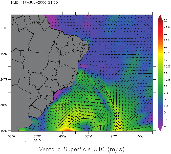 J.H.G.M. ALVES, E.O. RIBEIRO, G.S. GROSSMANN MATHESON, J.A.M. LIMA e C.E. PARENTE RIBEIRO 441 Figura 12 Campos de vento à superfície (m/s) utilizados pelo modelo regional COPAS durante o evento de mar severo observado em julho de 2000.