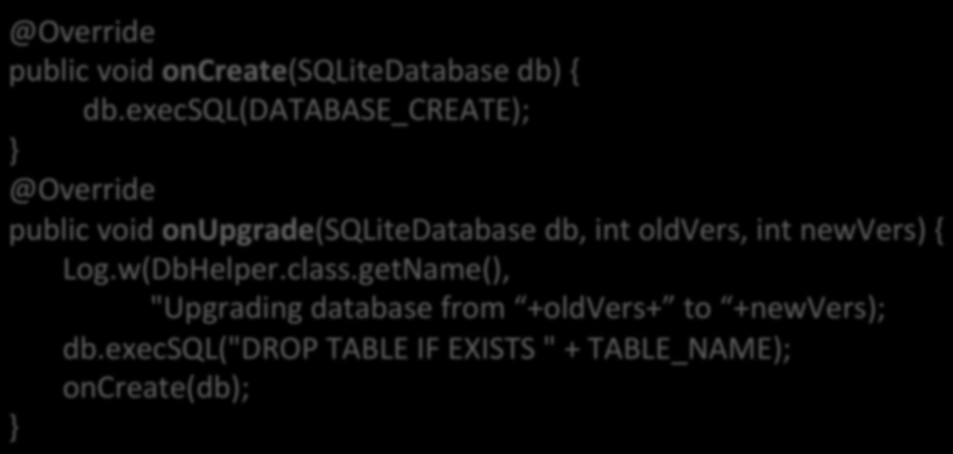Passo- a- Passo 5) Definição dos métodos oncreate() e onupgrade() @Override public void oncreate(sqlitedatabase db) { db.