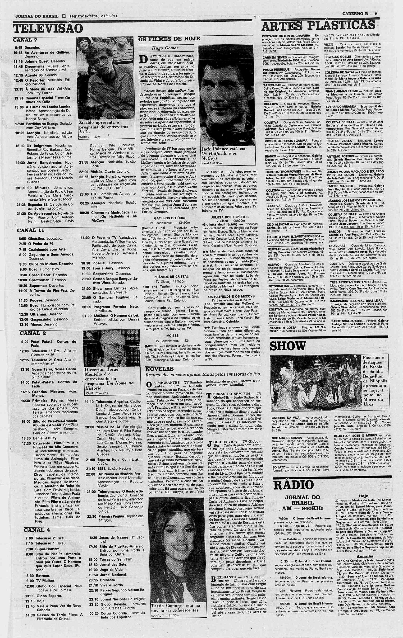 JORNAL DO BRASIL D segunda-feira, 21/12/81 TELEVISÃO CANAL 7 9:45 Desenho. 10:45 As Aventuras de Gulliver. Desenho. 11:15 Johnny Quest. Desenho. 11:45 Discomsnia. Musical. Apresentação de Messiê Lima.