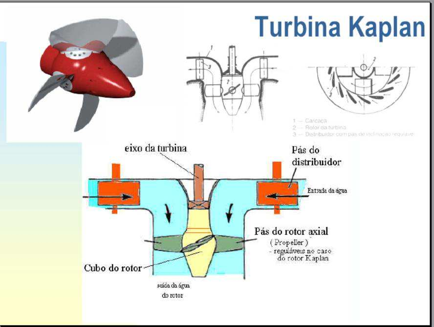 Turbina Kaplan- Tem pás móveis comandadas por um servomotor hidráulico colocado no interior do eixo da turbina.