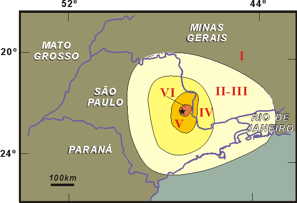 Magnitude 5,1 Mogi-Guaçu, 1922. Sentido até 300 km.