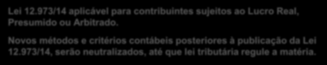 2015 em diante Lei 12.973/14 aplicável para contribuintes sujeitos ao Lucro Real, Presumido ou Arbitrado.
