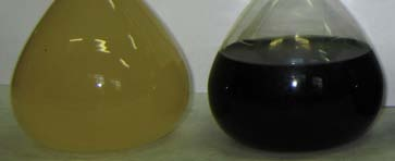 A) Sulfato de alumínio comercial liquido, B) sulfato férrico comercial e C) esquema de uma