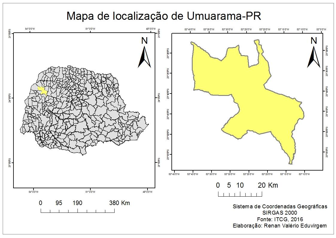 Figura 02 Mapa de localização de Umuarama-PR. Fonte: ITCG (2016) Acessado em Janeiro de 2016 Elaboração: EDUVIRGEM (2016) O município de Umuarama-PR, possui população estimada de 108.
