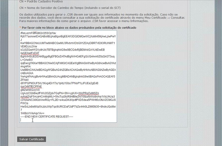 Na próxima página, será possível visualizar um campo para colar a string PKCS#10. Com o Editor de Texto, abra o arquivo request.