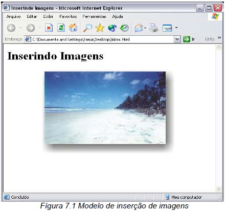 7.1 INSERINDO IMAGENS NA PÁGINA Comando: < img src= diretorio/arquivo > Onde: < img >: tag que indica que há uma imagem na página.