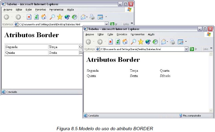 Modelo de uso utilizando o atributo BORDER < html > < head > < title >Tabelas< / title > < / head > < body > < h1 >Atributos BORDER< / h1