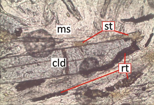 Figura 8-20: Detalhe de grão de cloritóide envolto por muscovita, estaurolita e glómerulos de rutilo (amostra SC-09). Lado maior da foto: 0,65mm.