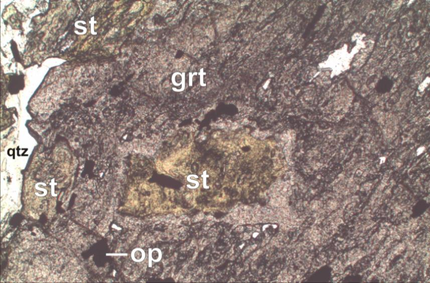 Figura 4-12: Detalhe de inclusão de estaurolita reabsorvida por granada.