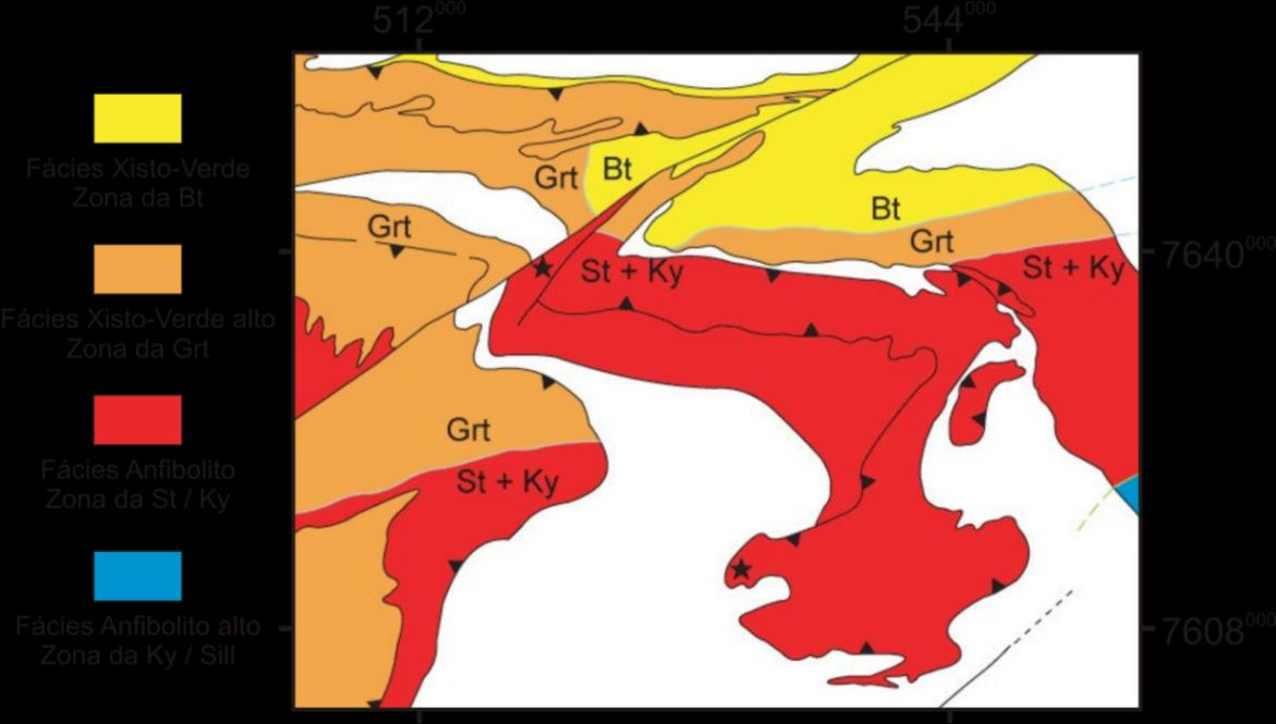 Figura 5-2: Mapa metamórfico da porção central e sudeste da Klippe Carrancas (adaptado de Trouw et. al.