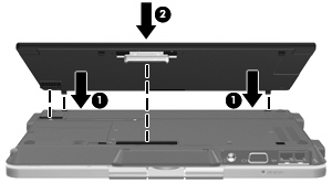 Vire o computador de cabeça para baixo. 2. Deslize a abertura da porta do conector da bateria auxiliar para expor o conector da bateria auxiliar. 3.
