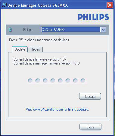 8 Atualize o firmware por meio do Philips Device Manager 3 Conecte o MIX ao PC. Quando o dispositivo está conectado, a mensagem "SA5MXXXX" é exibida na caixa de texto.