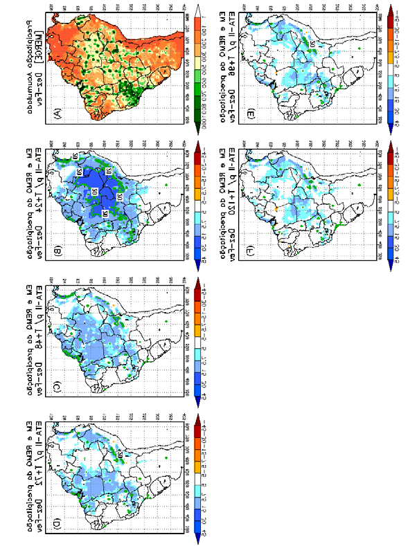 Março 2010 Revista Brasileira de Meteorologia 49 Figura 1 - Campos da precipitação acumulada trimestral (a), do EM (cores) e REMQ (linhas) do ETA-I para as previsões de: (b) 24 horas, (c) 48 horas,