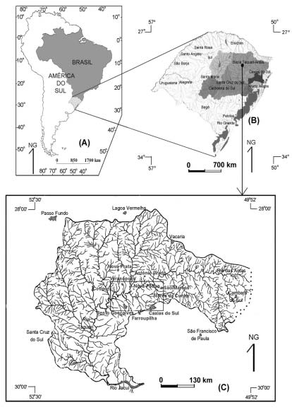 Figura 1 Localização da área de estudo e relação com a bacia hidrográfica Taquari-Antas Reginato (2003) também evidenciou a presença de um forte controle tectônico, marcada pela atuação de dois