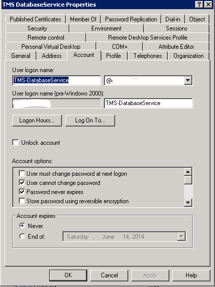 Configuração 1. Crie uma conta de serviço nova do diretório ativo (AD), por exemplo tms-databaseservice.