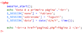 php A primeira página serve para criar a sessão, e nesta sessão são armazenadas três variáveis: nome, sobrenome e data.