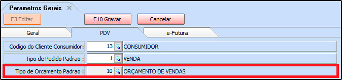 Incluído na tela de Configurações>Parâmetros>PDV, uma nova opção de parâmetro denominado Tipo de Orçamento padrão, que tem como função determinar o tipo de pedido que será utilizado nos orçamentos