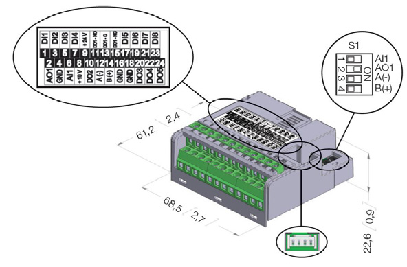 Appendix A - Anexo A 61.2 [2.4] 68.5 [2.7] 22.6 [0.9] Figure A.2: CFW500-IOD dimensions in mm [in], DIPswitches location and CFW500-MMF connector Figura A.