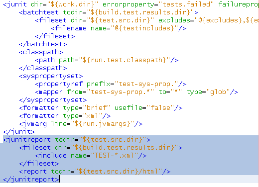 código: <junitreport todir="${test.src.dir"> <fileset dir="${build.test.results.