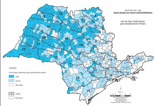 Uso de Água Subterrânea como Água Potável no Estado de São Paulo. Fonte: CETESB, 2007.
