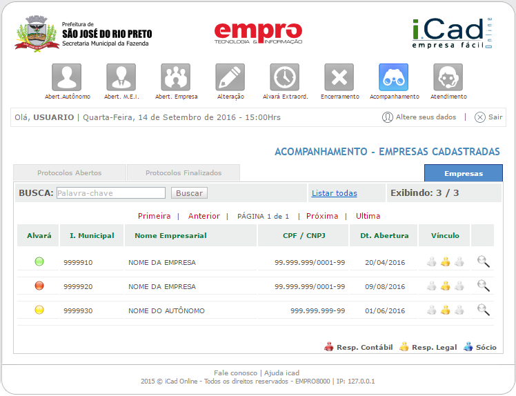 Empresas Na aba Empresas constam todas as inscrições municipais (autônomos, M.E.I.