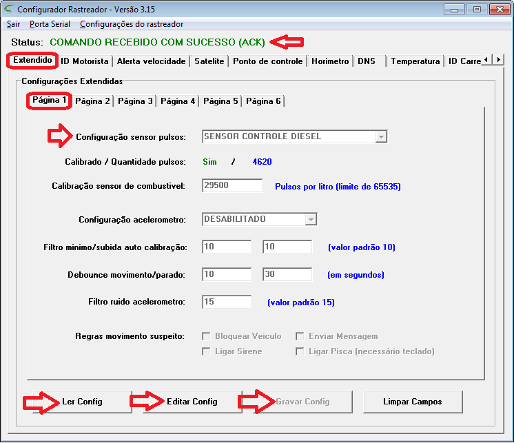 2. Selecione a aba Extendido Clique no botão ler config. Espere até que o status mude para msg configuracao extendida em seguida clique no botão editar config.