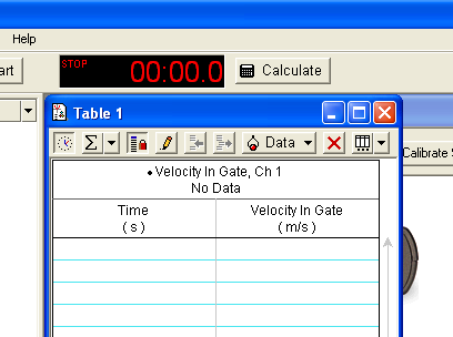 9. Abre-se então uma tabela onde aparecem duas colunas, uma para o registo do tempo e outra da velocidade.