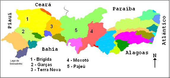 Figura 1 - Mapa do estado de Pernambuco mostrando as delimitações das bacias hidrográficas com destaque para as do Brígida, Garças, Terra Nova, Moxotó e Pajeú (Escala 1:5.220.