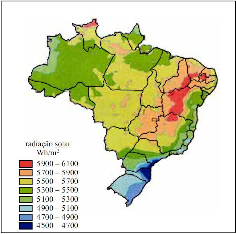 Questão 06 Analise a figura que apresenta a distribuição de incidência de radiação solar no Brasil em wh/m 2. (Fernando Cabral e Alexandre Lago. Física 1, 2004. Adaptado.