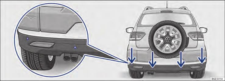 Fig. 114 Sensores de ultrassom do controle de distância de estacionamento no para-choque traseiro.