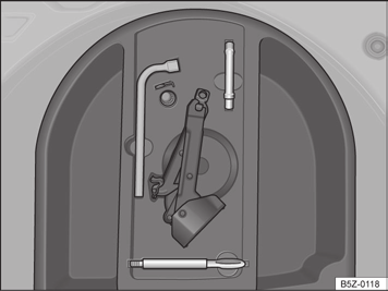 Antes de utilizar a roda de emergência, leia as recomendações na Página 41 e Página 195. As ferramentas de bordo estão localizadas no compartimento de bagagem embaixo do revestimento do assoalho Fig.
