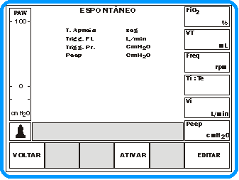 13 OPERAÇÃO 2) Posicione o cursor em ESPONTÂNEO; 3) Pressione a tecla ENTER para acessar o sub menu e ajustar/verificar os parâmetros; 4) Pressione a tecla ATIVAR para acionar o modo de ventilação.