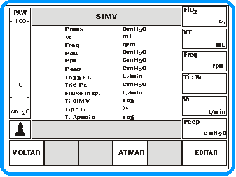 13 OPERAÇÃO Os ajustes dos ciclos mandatórios seguem o mesmo procedimento para: Ventilação a Volume SIMV / V Ventilação a Pressão P / SIMV Com Ventilação de Suporte SIMV + Pps 13.8.