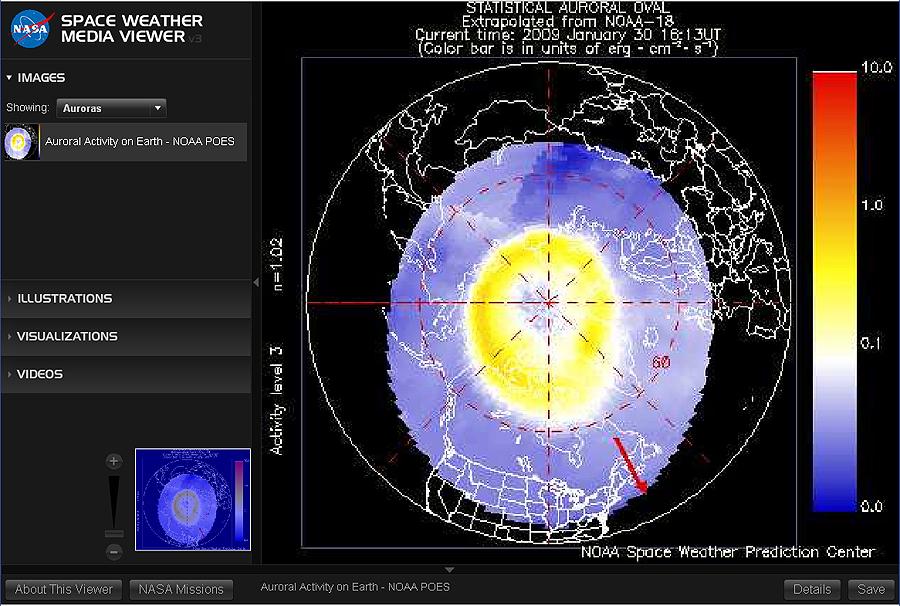 Atividade de Auroras na Terra NOAA POES SOBRE OS DADOS: Esta imagem fornece uma estimativa da localização, extensão e intensidade das auroras.