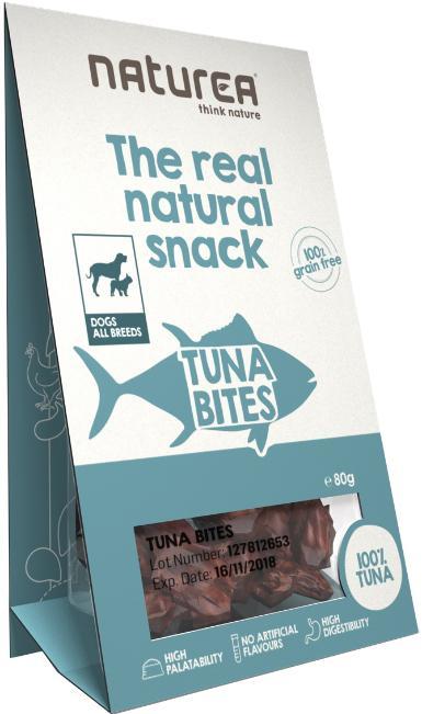 NATUREA TUNA BITES (SNACKS GRAIN FREE) Os pedaços de atum Naturea aliam a grande palatabilidade deste peixe a uma excelente fonte de gorduras boas (polinsaturadas).