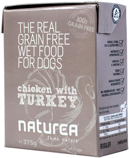 NATUREA CHICKEN & TURKEY (HUMIDO GRAIN FREE) Naturea Chicken & Turkey é formulada com pelo menos 88% de carne fresca/peixe fresco, contendo proteínas semelhantes às que o seu cão encontraria na