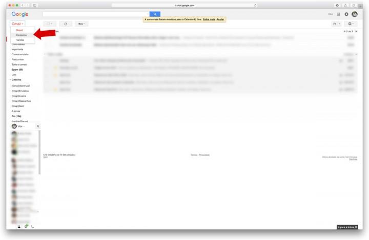 Agora na janela Contactos do Gmail usamos a opção Mais para