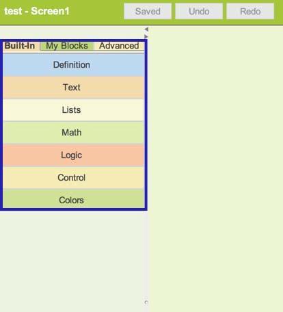 A segunda parte está na parte esquerda, formada por um menu de blocos com as ferramentas necessárias para definir como se comporta o aplicativo.