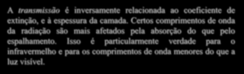 Absorção A transmissão é inversamente relacionada ao coeficiente de extinção, e à espessura da camada.