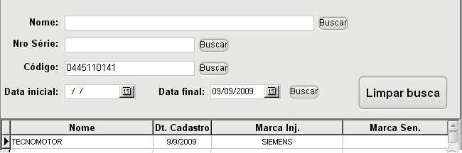 Código: A busca é realizada nos testes gravados procurando o código de injetores, sensores ou válvulas.