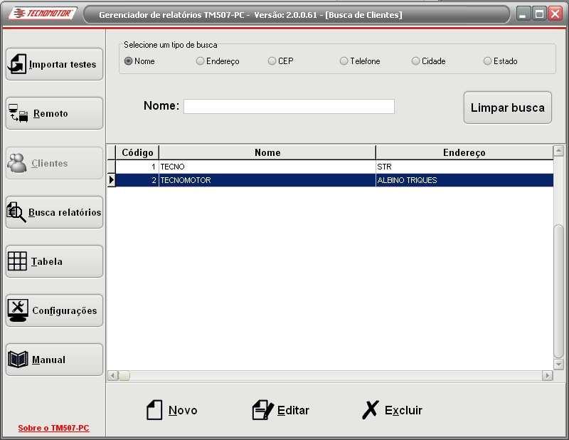 Cadastro e alteração de clientes O software TM 507-PC permite a inclusão de clientes que serão vinculados aos testes realizados no equipamento TM 507-II.