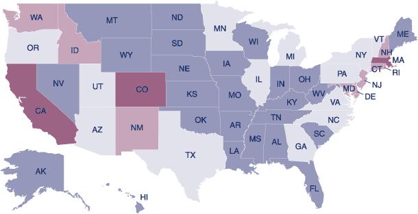 Prosperidade e Inovação nas Regiões dos EUA Califórnia, Colorado, New Jersey e Delaware, com os valores mais elevados da capacidade de inovação.