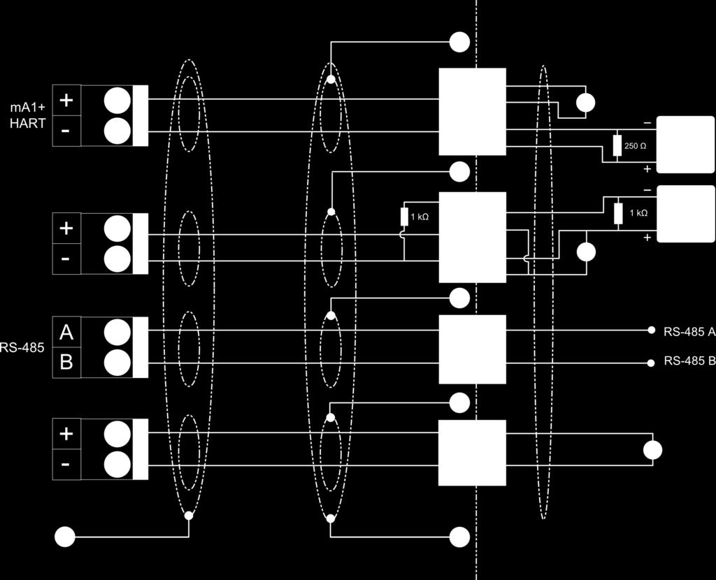 Ligação dos fios Figura 3-3: Cabeamento de saídas em área classificada usando isoladores galvânicos (opção de saídas TPS e discreta) Área classificada Área não classificada 24 Vcc Dispositivo HART
