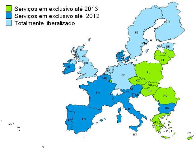 Figura 1: Liberalização na Europa Fonte: ANACOM Em contraponto, já ocorreu de jure a liberalização completa em seis estadosmembros, a saber: Estónia e Holanda em 2009, Alemanha em 2008, Reino Unido
