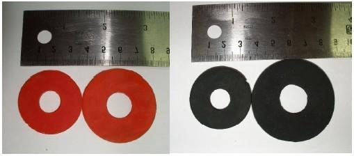 Figura 4 Corpos-de-prova em formato sólido anular comparados entre si, como adquiridos. e após imersão em tolueno.